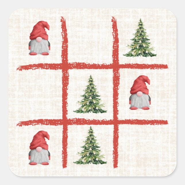 Pegatina Cuadrada Árboles de Navidad Gnome Tic Tac Toe (Anverso)