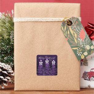 Pegatina Cuadrada Árboles de Navidad Morados Elegantes Lazos Platead