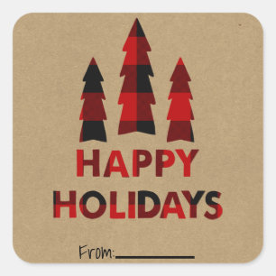 Pegatina Cuadrada Árboles de Navidad Plaid Felices Fiestas Kraft Pla