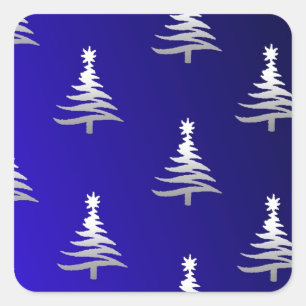 Pegatina Cuadrada Árboles de Navidad Plateados sobre Azul Cobalto