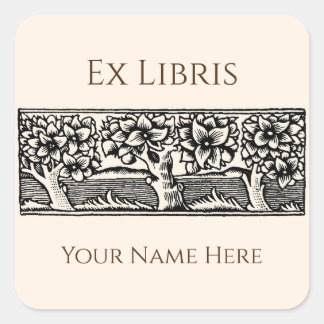 Pegatina Cuadrada Árboles medievales Ex Libris Bookplate, Personaliz