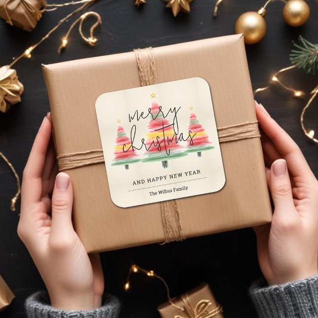 Pegatina Cuadrada Árboles navideños acuarelas (Merry Christmas Watercolor Stripes Christmas Trees 3" Square Stickers)