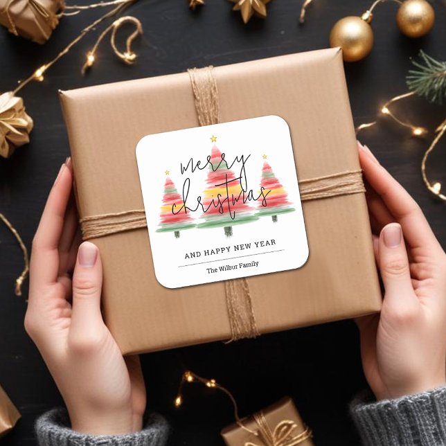 Pegatina Cuadrada Árboles navideños acuarelas (Merry Christmas Watercolor Christmas Trees Square 3" Stickers)