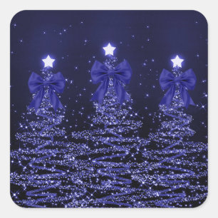 Pegatina Cuadrada Árboles Navideños Brillantes Azul Marino con Lazo