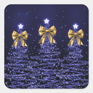 Pegatina Cuadrada Árboles Navideños Brillantes Azul Marino con Lazo