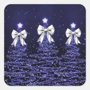 Pegatina Cuadrada Árboles Navideños Brillantes Navy con Lazo de Plat