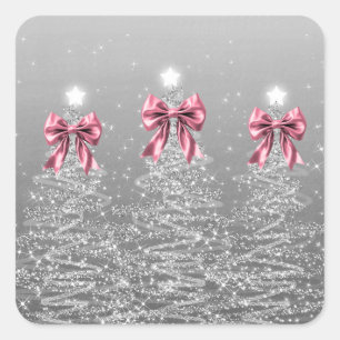 Pegatina Cuadrada Árboles Navideños Brillantes Plateados con Lazo Fa
