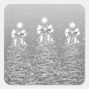 Pegatina Cuadrada Árboles Navideños Brillantes Plateados con Lazo Fa