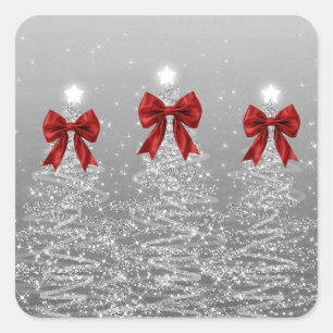Pegatina Cuadrada Árboles Navideños Brillantes Plateados con Lazo Ro