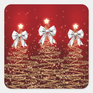 Pegatina Cuadrada Árboles Navideños Brillantes Rojo Dorado Plata con