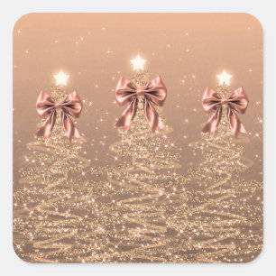 Pegatina Cuadrada Árboles Navideños Brillantes Rosa Dorado con Lazos