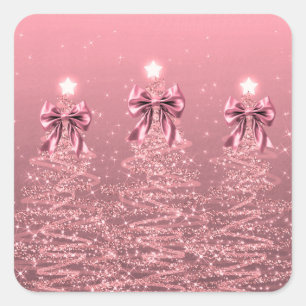 Pegatina Cuadrada Árboles Navideños Brillantes Rosados con Lazo Fals
