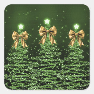 Pegatina Cuadrada Árboles Navideños Brillantes Verdes con Lazo Dorad