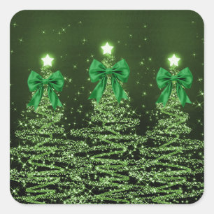 Pegatina Cuadrada Árboles Navideños Brillantes Verdes con Lazo Falso