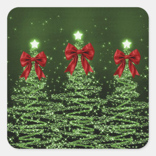 Pegatina Cuadrada Árboles Navideños Brillantes Verdes con Lazo Rojo