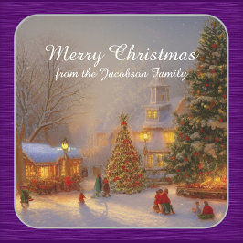 Pegatina Cuadrada Árboles navideños de nieve en Quaint Village Scene