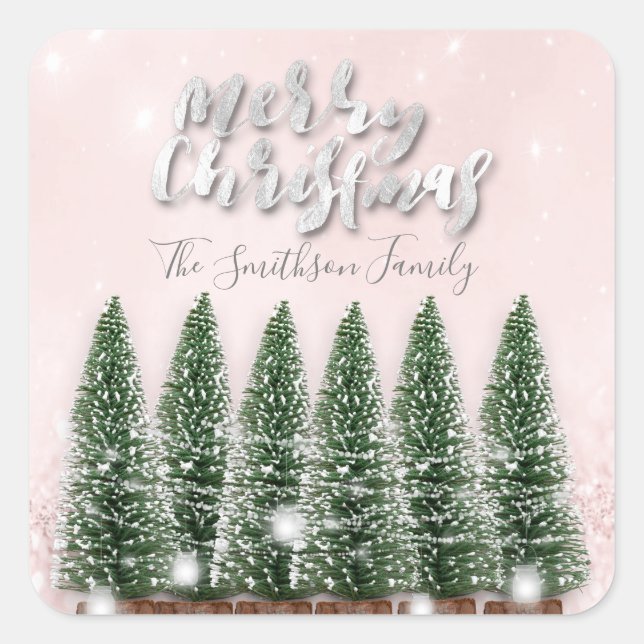 Pegatina Cuadrada Árboles navideños mora luces nombre Purpurina rosa (Anverso)