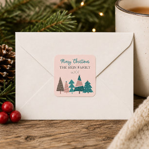 Pegatina Cuadrada Árboles rosados de Navidad personalizados