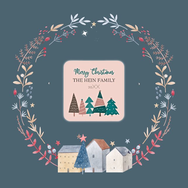 Pegatina Cuadrada Árboles rosas navideños personalizados (Personalized Family Christmas Stickers)