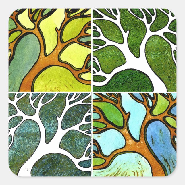 Pegatina Cuadrada Árboles tallados a mano en acuarela y pluma y tint (Anverso)