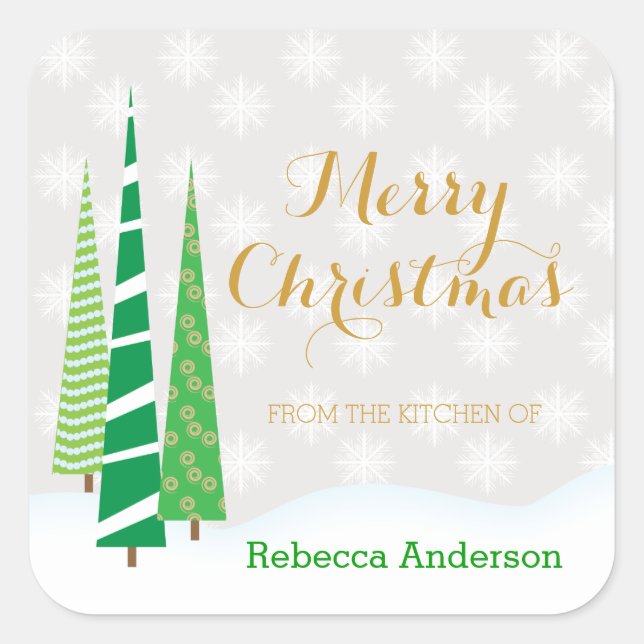 Pegatina Cuadrada Árboles y copos de nieve Feliz Navidad (Anverso)