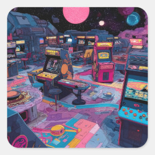 Pegatina Cuadrada Arcade Retro Futurista en el Espacio Exterior