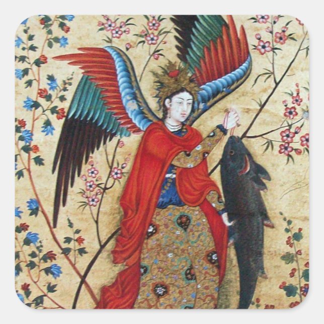 PEGATINA CUADRADA ARCHANGEL RAPHAEL Y PARCHE DE PESCADO (Anverso)