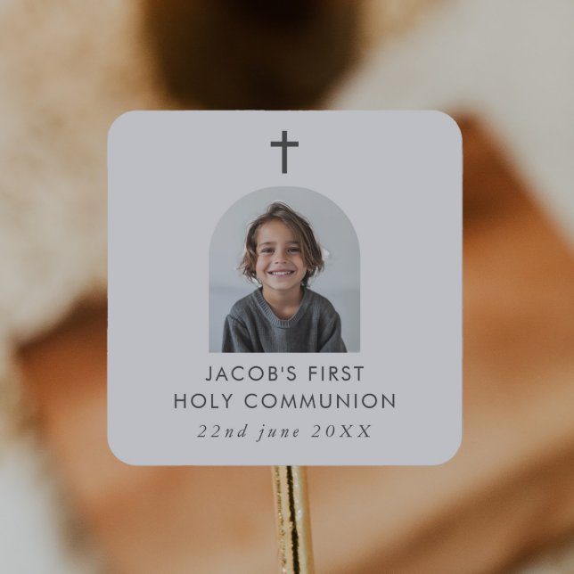 Pegatina Cuadrada Arched Photo First Communition Boy Gracias (Zazzle Arched Photo First Communion Boy Thank You Square Sticker)