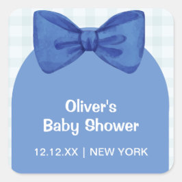 Pegatina Cuadrada Arco azul Cute Gingham Plaid Bow Boy Baby Shower