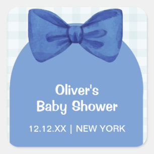 Pegatina Cuadrada Arco azul Cute Gingham Plaid Bow Boy Baby Shower