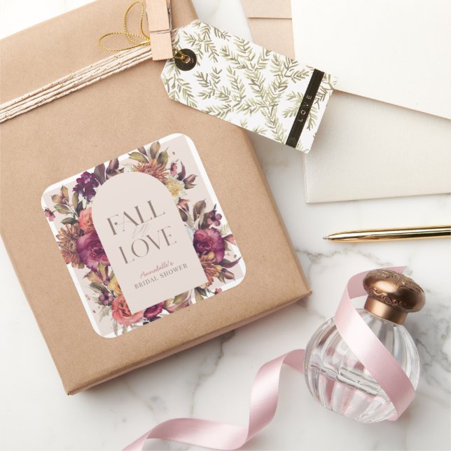 Pegatina Cuadrada Arco de Corona de Otoño para Boda de Rosa (Regalar)