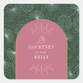 Pegatina Cuadrada Arco Pink & Green Palm Tropical Beach Wedding