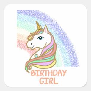 Pegatina Cuadrada Arcoiris Chica de cumpleaños de Unicornio