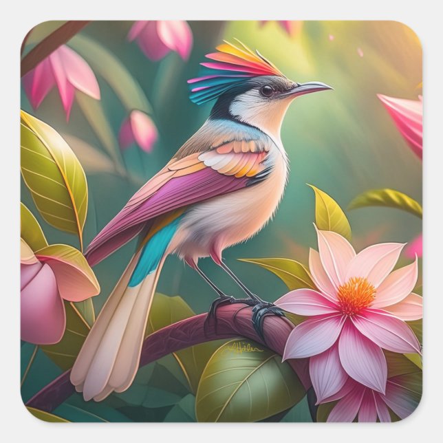 Pegatina Cuadrada Arcoiris con crema Jay Fantasy Bird (Anverso)