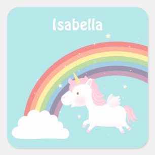 Pegatina Cuadrada Arcoiris De Unicornio Con Vuelo Cubierto Para Chic
