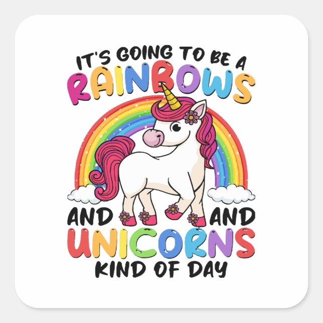 Pegatina Cuadrada arcoíris divertido unicornio lindo (Anverso)