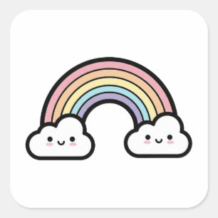 Pegatina Cuadrada Arcoíris Feliz – Ilustración Kawaii Adorable