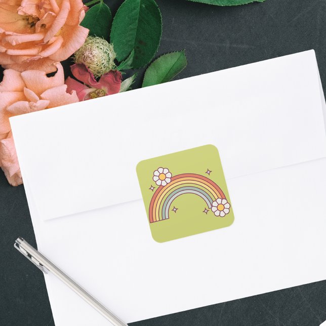 Pegatina Cuadrada Arcoíris Floral Boho Acuarela Retro (Subido por el creador)