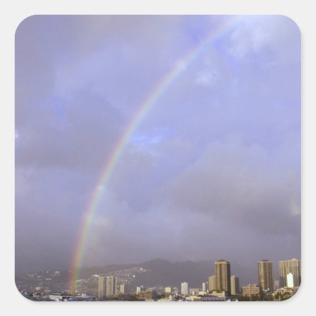 Pegatina Cuadrada Arcoíris sobre Honolulu, Hawái, EE. UU. (Anverso)