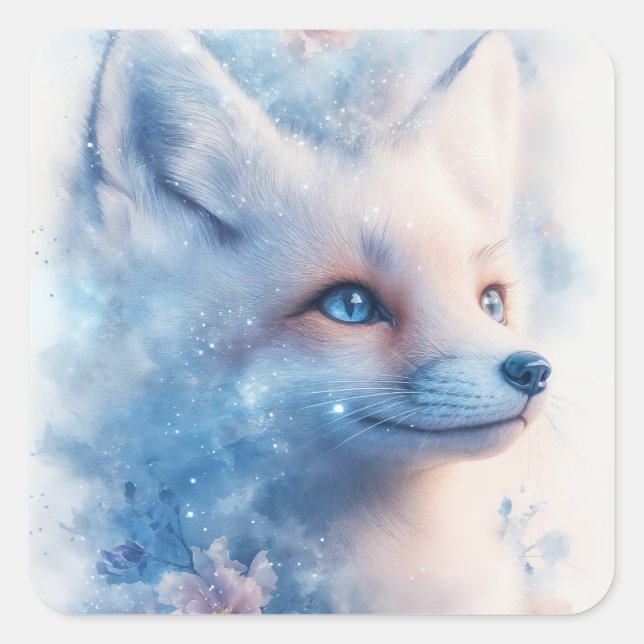 Pegatina Cuadrada Arctic Fox with Blue Eyes in Galaxy Nebula (Anverso)