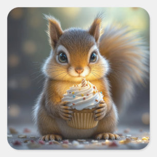 Pegatina Cuadrada ardilla De Cumpleaños Con Pastel
