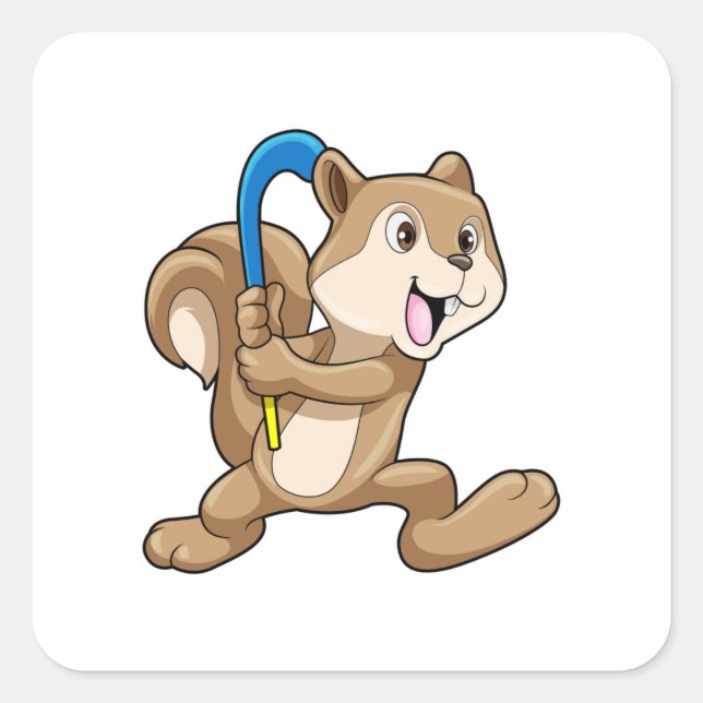 Pegatina Cuadrada Ardilla de hockey sobre hierba con palo (Anverso)