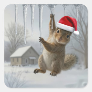 Pegatina Cuadrada Ardilla de Navidad colgando de una carámbano