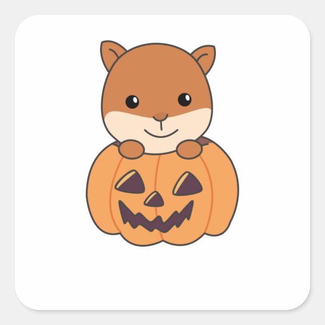 Pegatina Cuadrada Ardilla En Calabaza Dulces Animales Felices Hallow (Anverso)
