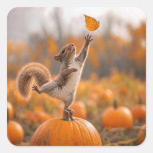 Pegatina Cuadrada Ardilla equilibrándose en una calabaza naranja