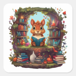 Pegatina Cuadrada Ardilla leyendo en una estantería antigua