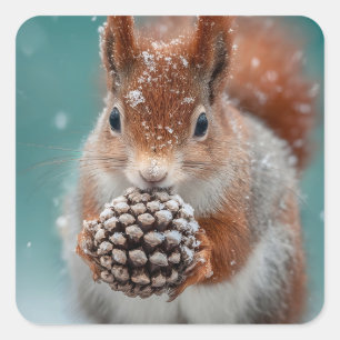 Pegatina Cuadrada Ardilla roja adorable en la nieve con pinecona