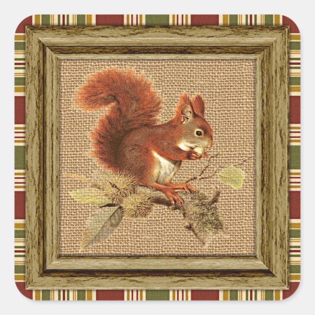 Pegatina Cuadrada Ardilla Roja Cubierta En Burlap Faux Jute (Anverso)