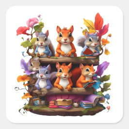 Pegatina Cuadrada Ardillas En Una Librería De Madera