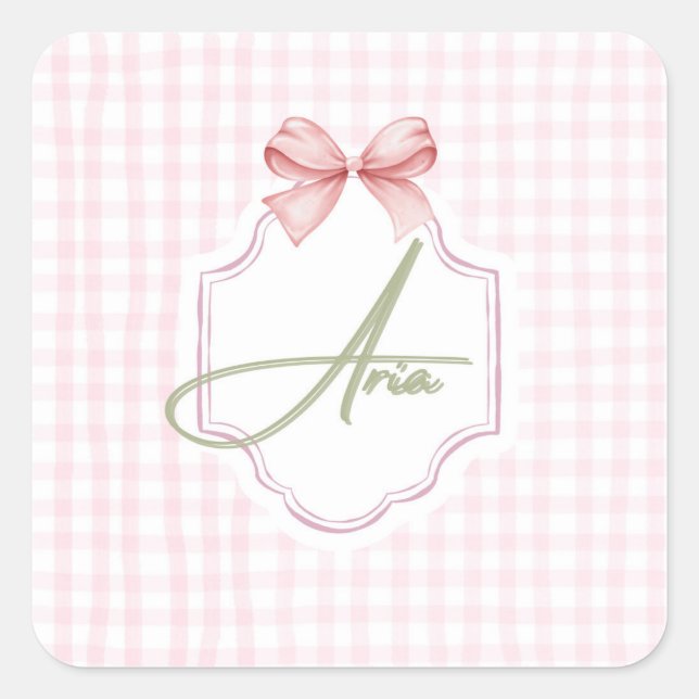 Pegatina Cuadrada Aria Baby Nursery Personalizado Bow&Gingham (Anverso)